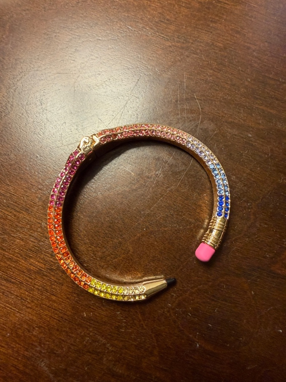 Betsey Johnson Rainbow Crystal Pencil Bracelet with Pink Eraser Accent